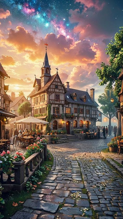 Elf City, Village Aesthetic, Poetic Photography, Whimsical Houses, Clip Art Frames Borders, German Houses, Wattpad Background, Town Design, Gacha Background