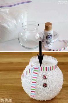 Epsom Salt Snowman Vase With a Fish Bowl. Dollar Store Christmas Crafts, Dollar Tree Christmas Decor, Christmas Crafts To Sell, Dollar Store Christmas, Snowman Ornament, Store Ideas, Snowman Crafts, Epsom Salt, Dollar Tree Crafts