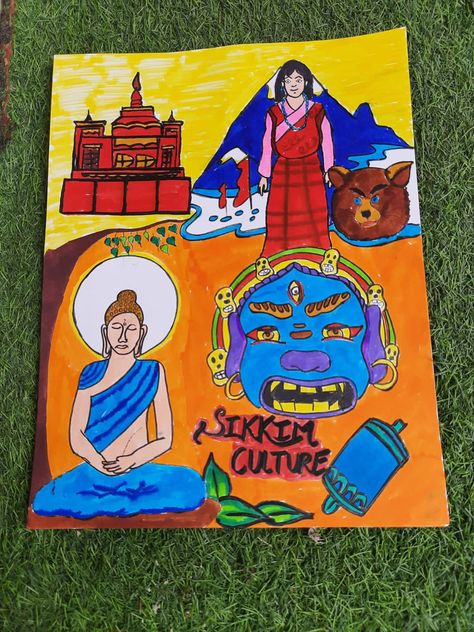 How to make beautiful poster on sikkim culture for school project. Project On Sikkim, Sikkim Project Ideas, Sikkim Culture Art, Sikkim Drawing, Culture Of Sikkim Drawing, Sikkim Culture, Poster Drawing Ideas, Don't Know What To Draw, Diwali Poster