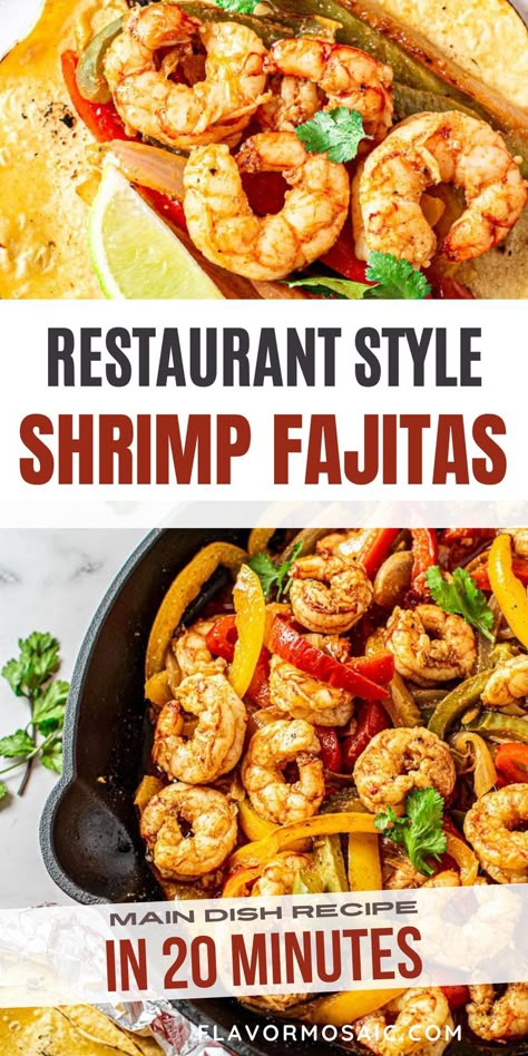 Restaurant Style Shrimp Fajitas. Tender marinated shrimp with sautéed peppers and onions is nothing short of mouth-watering! When wrapped in a fresh tortilla with your favorite toppings, you have a delicious dinner! If you’re in the mood for a restaurant-quality Mexican dish then you can’t get better than shrimp fajita! Shrimp Fajita Recipe, Shrimp Burrito, Mexican Shrimp Recipes, Vegan Shrimp, Takeout Recipes, Mexican Seafood, Mexican Shrimp, Shrimp Fajitas, Marinated Shrimp