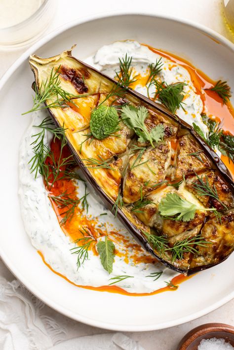 Roasted Eggplant with a Garlicky Yogurt Raw Carrot Salad, Creamy Eggplant, Sage Risotto, Greek Grilled Chicken, Garlic Yogurt, Mint Yogurt, Buffalo Chicken Pasta, Eggplant Salad, Vegetable Prep