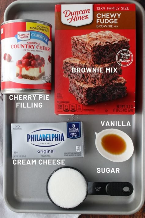 Brownie Recipes With Boxed Brownies, Brownies And Cherry Pie Filling, Cherry Cheesecake Brownies Easy, Brownie Cherry Cheesecake, Cherry Pie Brownies, Desserts Made With Brownie Mix Boxes, Recipes With Canned Cherries, Boxed Brownie Mix Recipes Ideas, Strawberry Cream Cheese Brownies