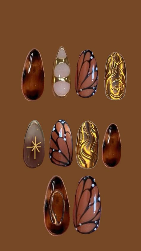 Cut outs of nails with tortoise shell print, butterfly wing, and gold designs Nails For Fall Autumn, Brown And Gold Nails, Autumn Butterfly, Nails For Fall, Brown Nail Art, Butterfly Nail Designs, Fake Nails Designs, Butterfly Nails, Hello Nails