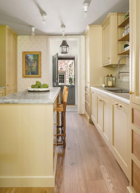 Butter Yellow Kitchen, Gray Marble Countertops, Establish Design, Marble Top Kitchen Island, Grey Marble Kitchen, Wood Kitchen Counters, Yellow Kitchen Cabinets, Blue Kitchen Island, Kitchen Island Tops