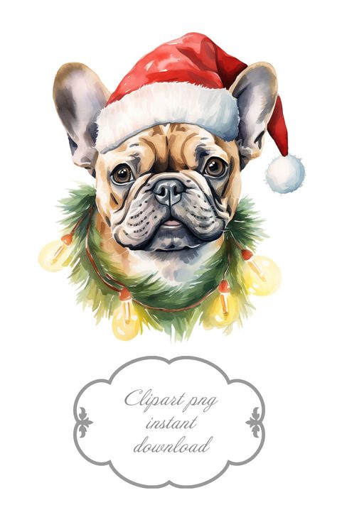 Santa Hat Clipart, Frenchie Christmas, Christmas French Bulldog, French Bulldog Drawing, Etsy Clipart, French Bulldog Christmas, Bulldog Clipart, Hat Clipart, Bulldog Christmas