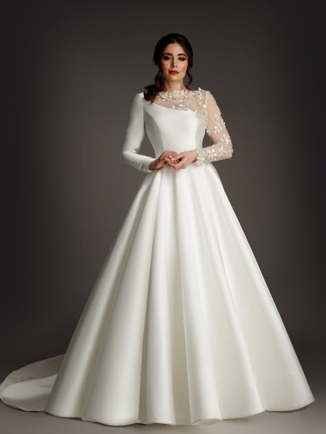 White Wedding Gown Ideas, Full Sleeve Wedding Gown, Simple White Wedding Dress With Sleeves, Unique Satin Wedding Dress, Full Sleeve Wedding Dress, Satin Wedding Dress With Sleeves, Satin Bride Dress, Simple Bride Dress, Wedding Gown Satin