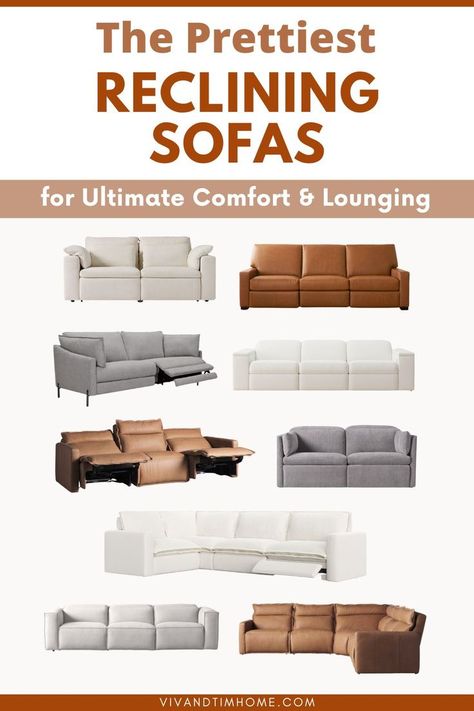 Reclining sofa roundup. Text reads: The Prettiest Reclining Sofas Reclining Sofa Decor, Livibg Room, Theater Couches, Modern Sectional Living Room, Sectional Living Room Decor, Reclining Sofa Living Room, Sofa Sectionals, Power Reclining Sectional Sofa, Sectional Living Room