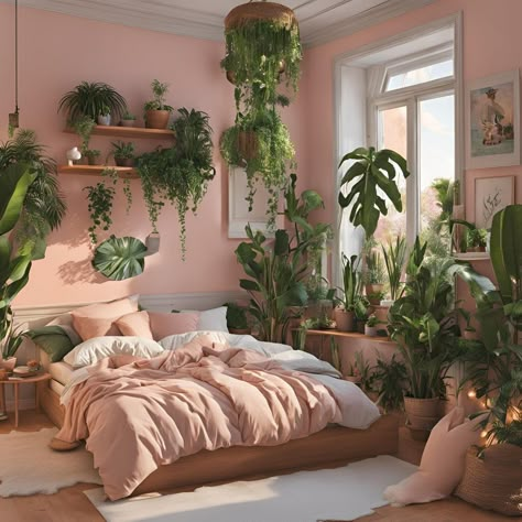 Pink Room Plants, Succulent Aesthetic Room, Monstera In Bedroom, Pink Bedroom Plants, Pink And Plants Bedroom, Pink Baddie Aesthetic Room, Pink Plant Bedroom, Pink Green Room Aesthetic, Pink Bedroom With Plants