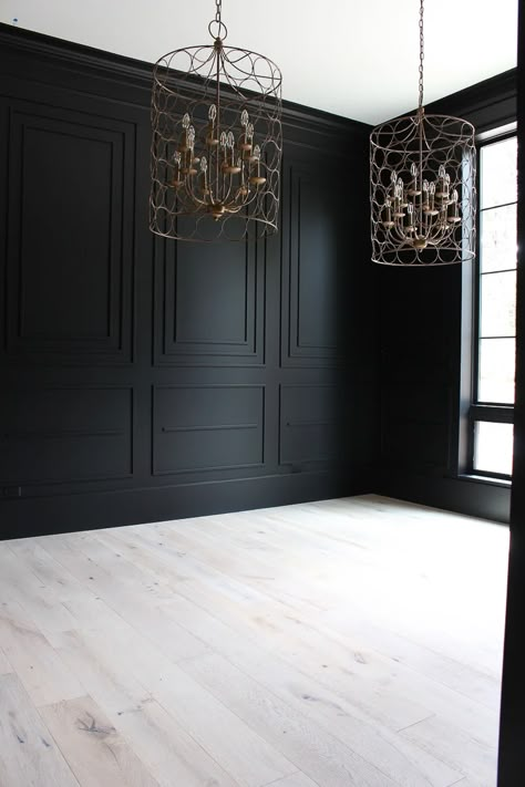 Are you looking for the perfect shade of black paint for an accent wall, kitchen island or even just your front door? Whether you want to go bold with all over color or just as a touch of contrast, Sherwin Williams Tricorn Black is one of the best shades of black paint. Read this full paint review to see if it's the right color for your home! Black Wall Design Living Room, Light Oak Floors Dark Walls, Manly Bathroom Wallpaper, Wall Niche Behind Tv, Close Off Dining Room French Doors, Black Ceiling Black Floor, Black Walls With White Wainscotting, Black Wall Christmas Decor, Japandi Traditional Interior