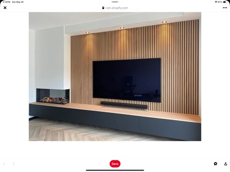 Acoustic Wall Living Room, Wood Slat Entertainment Wall, Tv Snug Room Ideas, Tv Wall Cladding, Recessed Tv Wall, Ikea Tv Wall Unit Ideas, Recessed Tv, Tv Room Decor, Tv Mounted