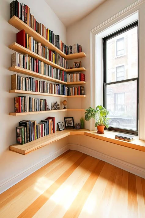 25+ Rustic Wall Bookshelf Ideas for Small Spaces Bookshelf Walls Bedroom, Small Book Shelves Ideas, Book Shelf Around Top Of Room, Bookshelf Ceiling, Homemade Book Shelf, Book Shelves In Living Room Small Spaces, Shelf Around Room, Shelves Behind Door, Wall Of Bookshelves Bedroom