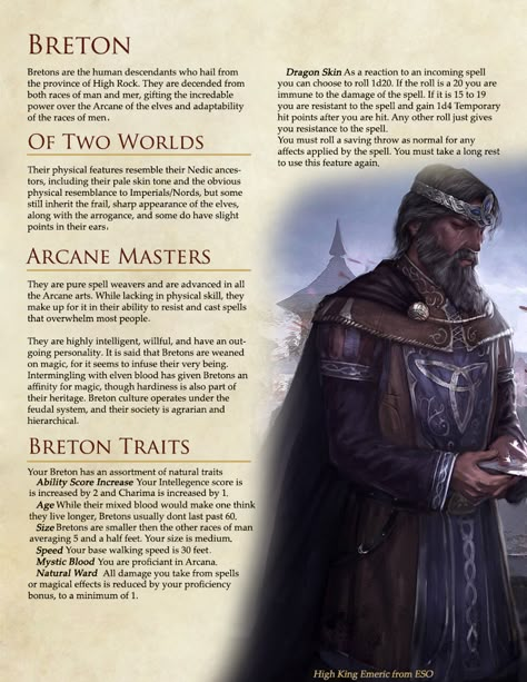 The Elder Scrolls Races in DnD Version 2  - Album on Imgur Elder Scrolls Breton, Skyrim Dnd, Skyrim Races, Skyrim Lore, Homebrew Races, 5e Races, Elder Scrolls Races, Elder Scrolls Lore, Evelynn League Of Legends