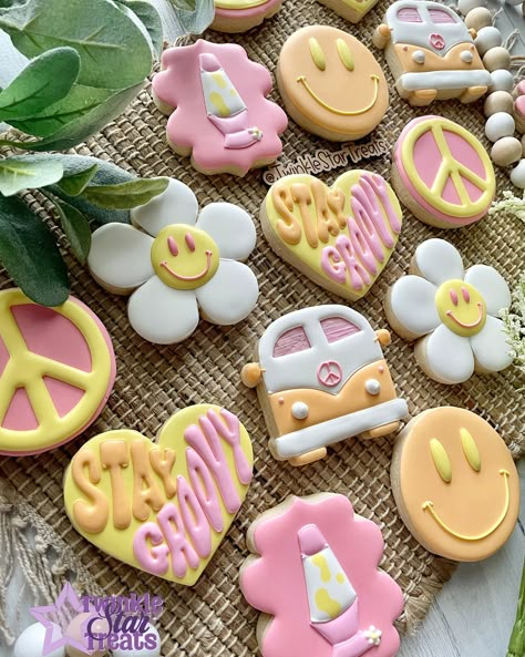 Stay Groovy! ✌🏻 . I just love this theme and the color scheme! I hope I get to make these again. . . . #groovycookies #birthdaycookies #staygroovy #peacecookies #twinklestartreats #cookiesforoccasion #cookiedecorating #decoratedcookies #royalicing #royalicingcookies #edibleart #cookieart #cookiedecorator #cookier #decoratedsugarcookies #instacookies #sugarcookies #sugarcookiesofinstagram #cookies #houstontx #houstoncookies #cypresstx #cypresscookies #customcookies #cookieartist #sugarcookie... Groovy Theme Cookies, Retro Birthday Cookies, Groovy Decorated Cookies, Peace Out Single Digits Cookies, Two Groovy Cookies Decorated, Peace Sign Cookies, Retro Cookies Decorated, Groovy Baby Shower Cookies, Groovy Cookies Decorated