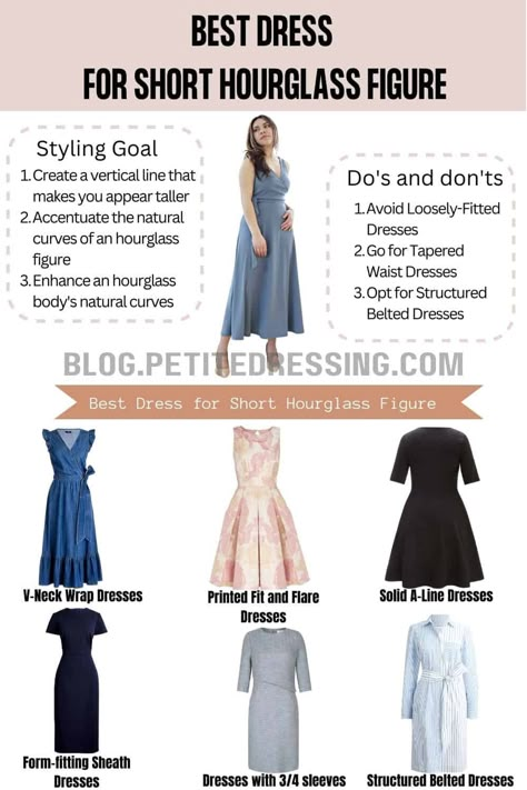 The Complete Dress Guide for Petite Hourglass Figure Bottom Hourglass Outfits, Petite Hourglass Outfits, Petite Hourglass Figure, Short Hourglass, Hourglass Body Shape Fashion, Hourglass Body Shape Outfits, Hourglass Figure Outfits, Hourglass Figure Dress, Hourglass Outfits