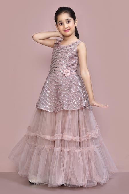 Buy Purple Net Embroidered Sequins Ruffle Gown For Girls by Samyukta Singhania Online at Aza Fashions. Fat Cartoon Characters, Fat Cartoon, Frock Designs For Girl, Kids Party Wear Dresses, Ruffled Gown, Kids Dress Collection, Gown Party Wear, Kids Blouse Designs