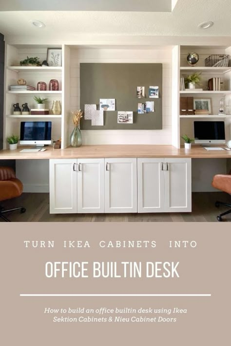 Ikea Business Office, Office Wall Cabinets Ikea, Ikea Wall Of Cabinets, Base Cabinets Ikea, Ikea Cabinet Office Built In, Ikea Kitchen Cabinet Office Hack, Ikea Desk And Tv Unit, Home Office Cabinets Ikea, Desk Made With Kitchen Cabinets