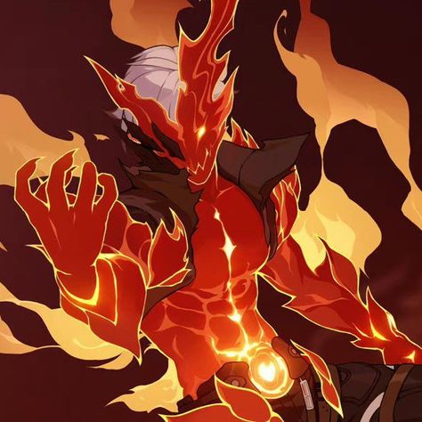 Fire Power Ideas, Fire God Character Design, Fire Armor Concept Art, Wrath Character Design, Fire Creature Art, Red Skin Character Design, Fire Head Oc, Lava Person, Monster Rpg Art