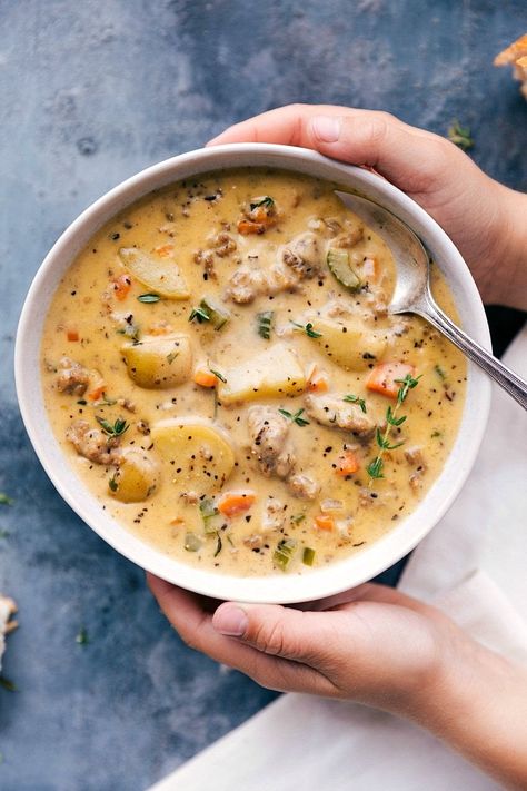 Sausage Potato Soup Sausage Potato Soup, Sausage Potato, Chelsea's Messy Apron, Gold Potatoes, Dried Parsley, Dried Basil, Mild Italian Sausage, Sausage Potatoes, Cheeseburger Soup