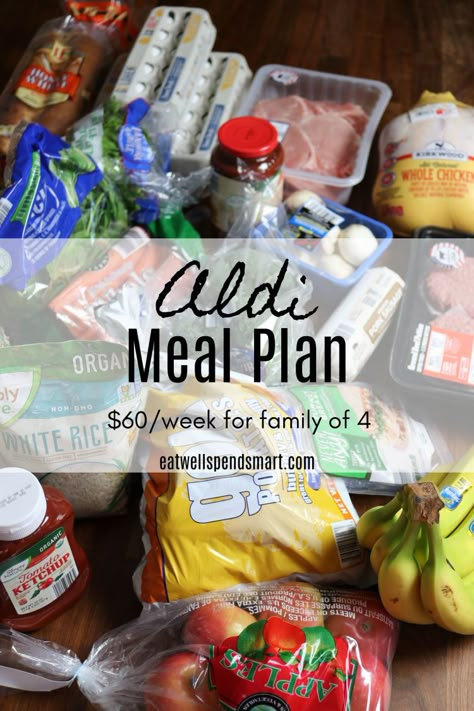 Aldi meal plan for $60/week by shopping at Aldi. What one family ate for a week, including breakfast, lunch, dinner, and snacks for a family of four (one with allergies). Aldi Meals, Shopping At Aldi, Cheap Meal Plans, Frugal Meal Planning, Aldi Meal Plan, Aldi Recipes, Aldi Shopping, Meal Planning Menus, Paleo Meal Plan