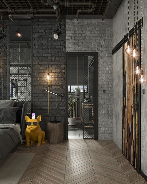 Casa Rock, Industrial Bedroom Design, Simple Bed Designs, Brick Interior, Industrial Home Design, Minimalist Bed, Loft Interior, Loft Bedroom, Wooden Bed Design