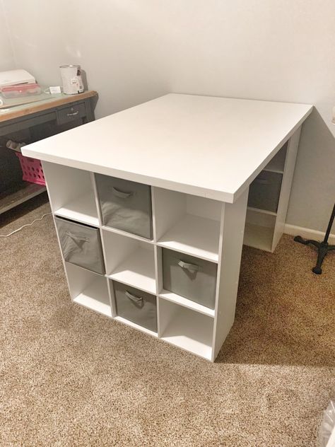 Craft Room Table Diy, Hobby Table Ideas, Cube Storage Work Table, Ikea Counter Height Craft Table, Craft Desk Diy Small Spaces, Craft Room With Windows, Work Bench Craft Table, Craft Office Ideas Small Spaces, Cube Organizer Desk Diy