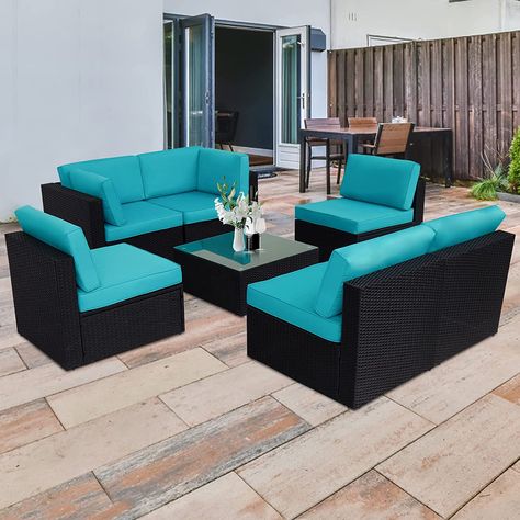 7 Pieces Outdoor Sectional Sofa, Outdoor Wicker Patio Furniture Set with Cushions, Turquoise Washable Couch, Outdoor Wicker Patio Furniture, Sectional Patio Furniture, Glass Top Side Table, Wicker Patio Furniture Set, Outdoor Furniture Patio, Sofa Outdoor, Furniture Sofa Set, Outside Furniture