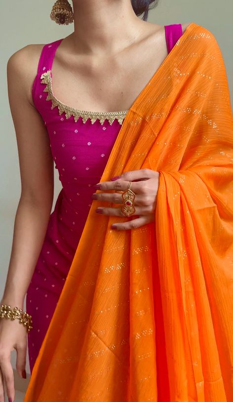 New Ethnic Outfit Ideas, Churidar Suit Designs, Haldi Outfit Ideas Simple, Kurti Designs From Saree, Florocent Color, Orange Indian Suit, Desi Style Casual, Desi Look Outfits, Sindoor Looks Indian