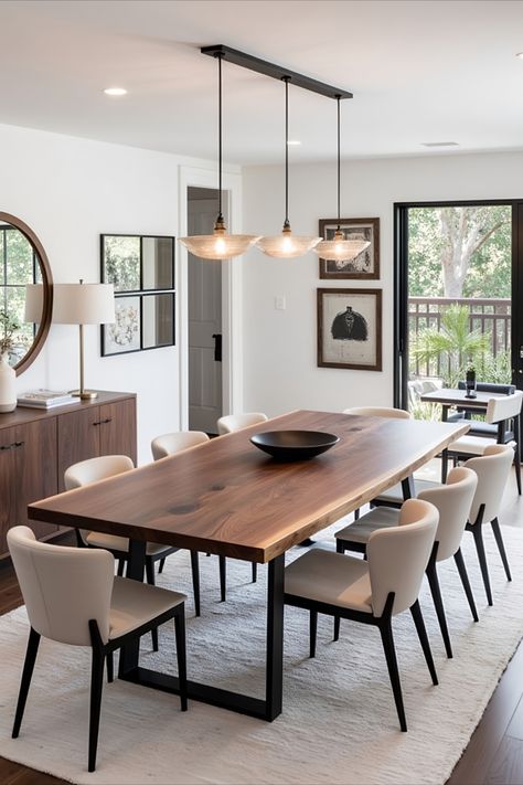 Rectangle Table Dining Room, Black And Walnut Dining Room, Custom Dining Room Table, Walnut Dining Table Decor, Black White And Wood Dining Room, Kitchen Ideas Table, Dining Table Ideas Modern, Air Bnb Kitchen, Rustic Modern Dining Room