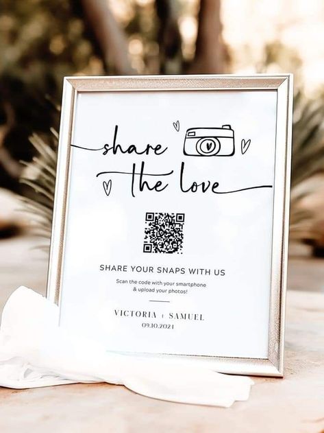 Take Pictures Wedding Sign, Guest Pix Sign, Cool Wedding Touches, Photo Ideas For Wedding Reception, Wedding Qr Code Ideas, Qr Photo Wedding, Wedding Decorations Unique, Share Your Photos Wedding Sign, Cute Wedding Sign Ideas