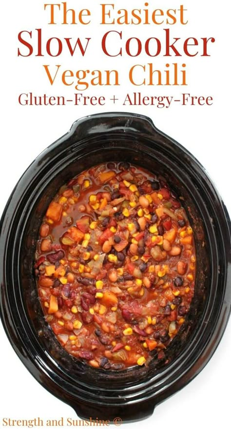 Easy Slow Cooker Vegetarian Chili (Vegan, Gluten-Free, Allergy-Free) | Strength and Sunshine | This easy Slow Cooker Vegetarian Chili is a dump-and-go crockpot meal you can set and forget! This healthy three bean chili is vegan, gluten-free, allergy-free, and full of plant-based protein, veggies, and bold Southwest flavors! A comforting dinner for a crowd or meatless make-ahead and freezer-friendly meal you can meal prep! #slowcooker #chili #vegetarianchili #meatlesschili #veganchili #crockpot Vegan Chili Crockpot, Slow Cooker Vegan Chili, Vegetarian Chili Crock Pot, Dinner For A Crowd, Slow Cooker Vegan, Slow Cooker Vegetarian Chili, Three Bean Chili, Chili Vegan, Vegan Chili Recipe