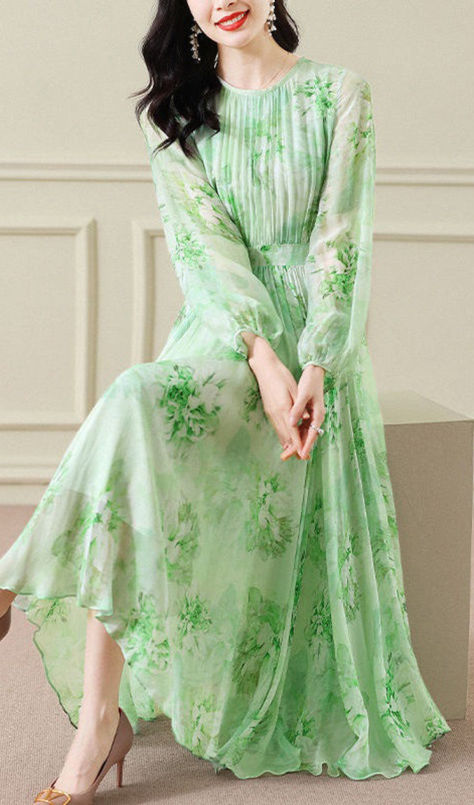 Enjoy the much cheaper items sold by omychic. don't miss 60-80% OFF store prices Long Sleeve Chiffon Maxi Dress, Korean Fashion Chic, Long Sleeve Silk Dress, Light Green Dress, Maxi Dress Long Sleeve, Print Chiffon Maxi Dress, Green Silk Dresses, Chiffon Summer Dress, Silk Maxi Skirt