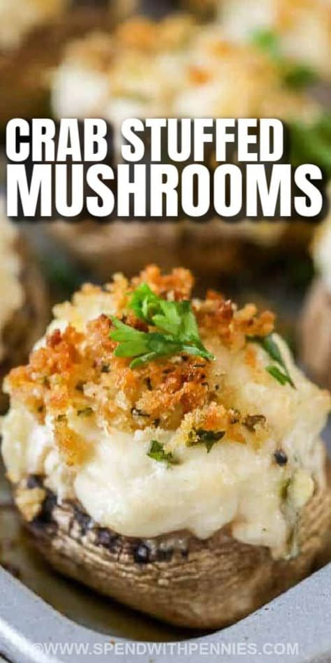 Crab stuffed mushrooms can be prepared in advance and frozen. Perfect for potlucks or a quick snack. They can be cooked right from frozen but you will need to adjust the cooking time. #spendwithpennies #easyappetizer #stuffedmushrooms #partyfood #potluck Shrimp And Crab Recipes, Seafood Stuffed Mushrooms, Mushroom Appetizers, Cheese Stuffed Mushrooms, Crab Stuffed Mushrooms, Creamy Crab, Crab Stuffed, Easy Finger Food, Stuffed Mushroom