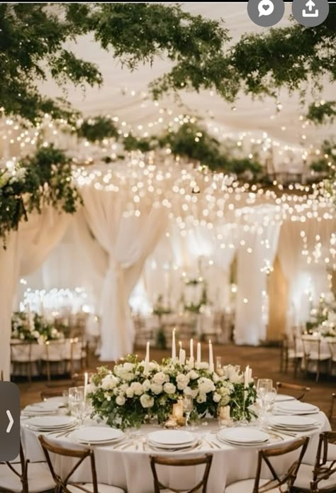 Wedding Inspo Greenery, Small Chapel Decorations Wedding, White Decor Wedding Receptions, Champagne Green White Wedding, Green And White Reception Decor, White Flowers And Greenery Wedding Reception, White Wedding Scheme, Evergreen And White Wedding, Botanical Wedding Reception