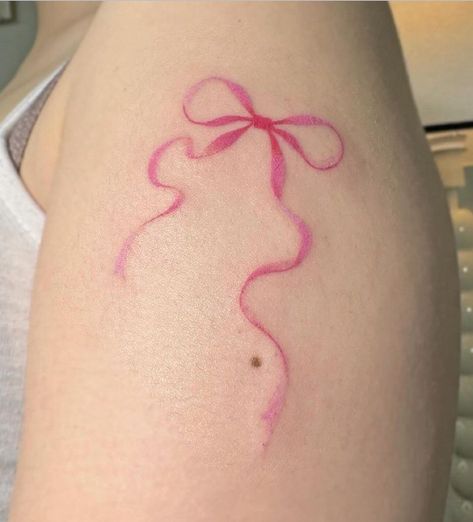 pink bow tattoo Pink Tattoo Ink, Pink Bow Tattoos, Blood Tattoo, Pearl Tattoo, Mystical Tattoos, Pink Tattoo, Bts Tattoos, Wicked Tattoos, Bow Tattoo