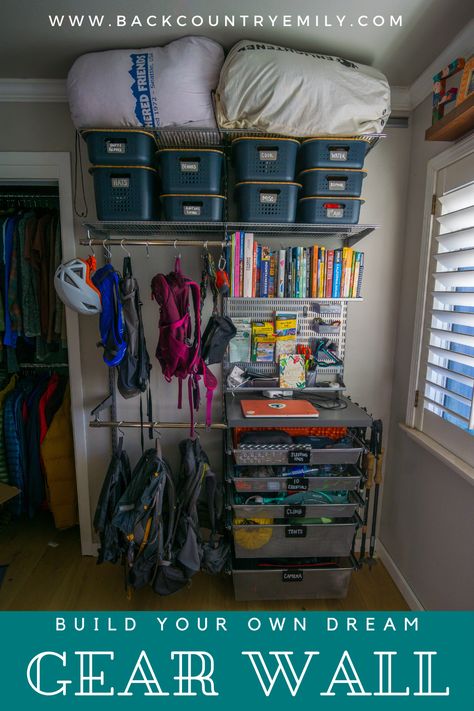 How to build you dream gear wall for backpacking, camping, and climbing gear. Gear & Garage organization using the Container Store ELFA system. Gear Room Organization, Gear Room Ideas, Outdoor Gear Organization, Outdoor Gear Storage, Camping Gear Storage, Adventure Room, Gear Wall, Gear Room, Camping Storage