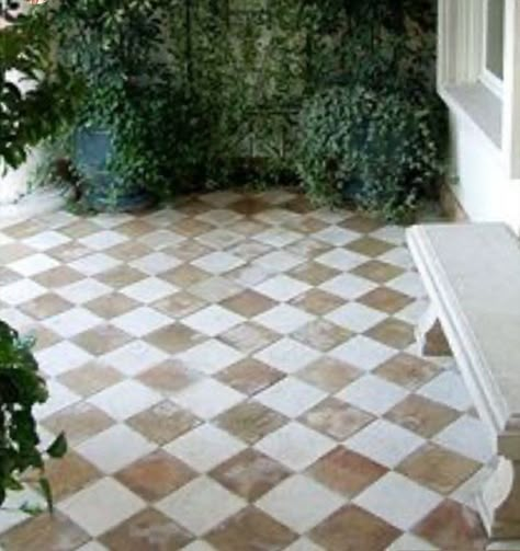 Spanish Colonial Farmhouse, Concrete Checkered Floor, Simple Tile Floor, Tile Floor Stencil Ideas, Aesthetic Floor Tiles, Tile Floor Aesthetic, Terazzo Floor Tiles, Tiled Sunroom, Sunroom Tile