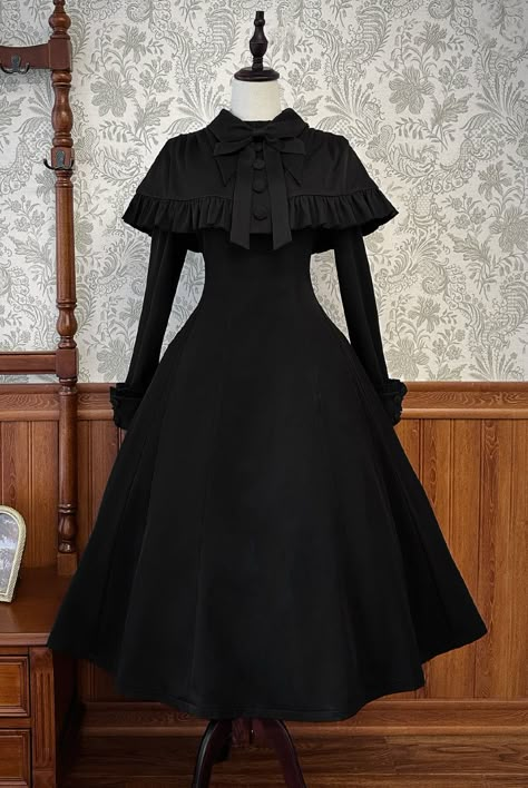 New Release: Alice Girl 【-Maid's Black Dress-】 Lolita OP Dress, Cape and Apron ◆ Shopping Link >>> https://lolitawardrobe.com/alice-girl-maids-black-dress-vintage-gothic-lolita-op-dress-cape-and-apron_p8090.html Sell Dresses, Op Dress, Vintage Black Dress, Cape Dress, Dress Measurements, White Embroidery, Lolita Dress, Gothic Lolita, Dark Fashion