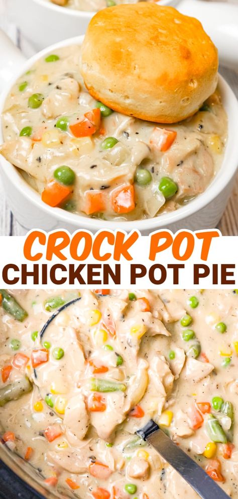 Chicken Pot Pie With Biscuits, Pot Pie With Biscuits, Crockpot Chicken Pot Pie, Chicken Pot Pie Filling, Slow Cooker Dinner Recipes, Pot Pie Filling, Spend With Pennies, Crock Pot Chicken, Slow Cooker Dinner