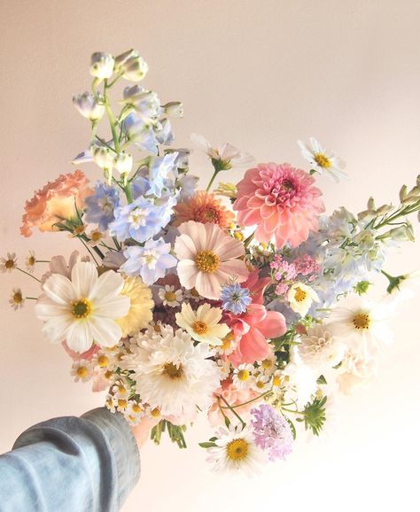 Weddings With Lots Of Flowers, Colorful Muted Wedding, Pastel Wild Flower Wedding, Colorful Wedding Flowers Bouquet, Pink And White Wildflower Bouquet, May Flowers Wedding, Wildflower Wedding Bouquet Bridesmaid, Wildflower Florals Wedding, Whimsical Garden Wedding Flowers