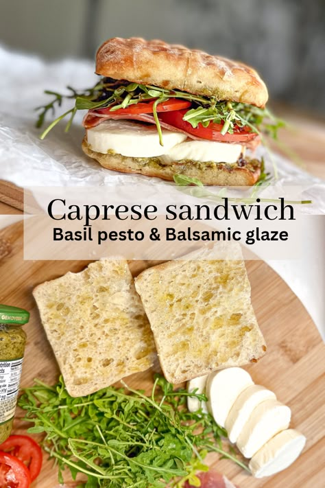 A pesto caprese sandwich with a balsamic glaze is my go-to sandwich on hot summer days when I don’t want my stove working! It’s also so simple to make using fresh ingredients that are in season such as fresh basil, juicy garden tomatoes, and my secret ingredient arugula! Panera Caprese Sandwich, Tomato Caprese Sandwich, Sandwiches With Arugula, Grilled Chicken Caprese Sandwich, Sandwich Night Ideas, Burrata Caprese Sandwich, Fresh Sandwich Ideas, Capri Sandwich, Mediterranean Panini