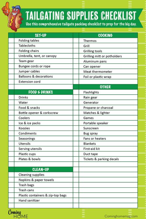 14 Tailgating Hacks That Score | Coming Home Mag Tailgate Checklist Football, Tailgate Supply List, Tailgating Must Haves, Tailgate Organization, Tailgate Games For Adults, Football Tailgate Food Ideas, Tailgate Checklist, Tailgating Hacks, Tailgate Food Ideas