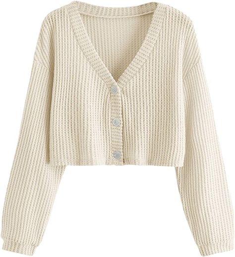 SweatyRocks Women's Long Sleeve Plaid Button Front V Neck Soft Knit Cardigan Sweaters Beige L at Amazon Women’s Clothing store Romwe Sweater, Soft Knit Cardigan, Cardigan Beige, Cardigan Crop Top, Cardigan Sweaters, Cropped Cardigan Sweater, Cardigan Crop, Classic Sweater, Beige Cardigan