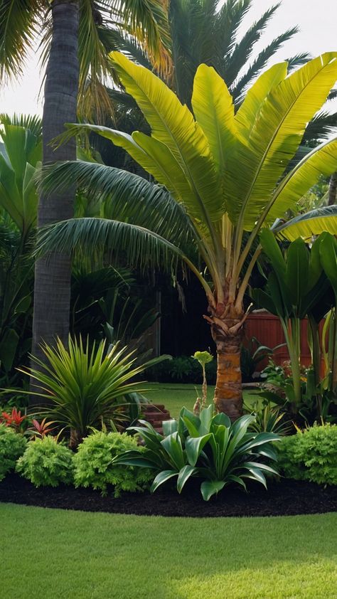 Transform your backyard with these tropical landscaping ideas From pool designs to palm trees and small oasis concepts discover modern and stylish ideas for Zone 8 and 9 gardening Incorporate banana plants and create a California-inspired paradise in your own backyard Whether you have a simple small space or a larger area these pool designs and garden ideas will elevate your outdoor living experience Modern Simple Backyard, Garden Palm Trees, Pool Palm Trees, Plants Around Palm Trees, Palm Tree Landscape Ideas Backyards, Palm Trees Around Pool, Backyard Landscaping Tropical, Banana Garden, Palm Tree Garden