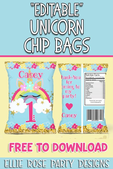 How easy would it be to download a Unicorn Chip Bag party Favor, add your childs name and age, all for free at home. Well you can with these templates. Click through to download #freeunicornprintables #unicornideas #unicorncakes #unicorntreats #unicornparty #unicorndesserts #diyunicorn Birthday Chip Bag Ideas, Free Chip Bag Printables, Chip Bags Template Free, Free Chip Bag Template, Chip Bags For Party, Chip Bag Template Free Printable, Chips Template, Cricut Printables, Chips Bags