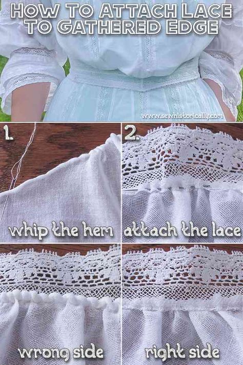 Lacemaking For Beginners, How To Make Lace Tutorials, Hand Sewn Dress Diy, Needle Lace Edging, How To Sew Lace, How To Sew Lace On Fabric, How To Hem A Dress, Hand Sewing Tutorials, Edwardian Lingerie Dress