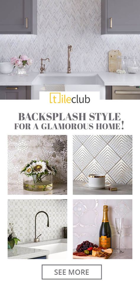 SHOP KITCHEN BACKSPLASH TILES FOR A GLAM INTERIOR Add a touch of glam to your kitchen decor with a decorative backsplash tile accent! Whether you choose gold and marble mosaic patterns in floral or geometric prints, or add a luxurious white marble and Mother of Pearl shell waterjet tile to complement your white farmhouse kitchen, you can't go wrong with these beautiful backsplash tile ideas for every price point! Subway Tile Kitchen Wall, Mosaic Tile Backsplash Bathroom, Laundry Room Backsplash, Bathroom Vanity Backsplash, Dream Bathroom Ideas, Glam Vanity, Modern Farmhouse Bathroom Ideas, Mother Of Pearl Backsplash, Glamorous Interior Design