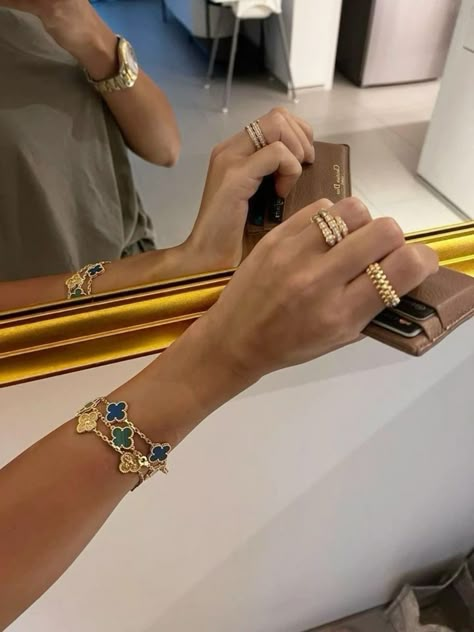 Cartier Van Cleef Stack, Vca Bracelet Stack, Vca Alhambra Bracelet, Cartier Stack, Vca Bracelet, Traditional Gold Jewelry, Van Cleef Alhambra, Alhambra Bracelet, Gold Jewelry Collection