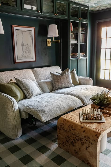 Eclectic Sitting Room Ideas, Sitting Room Sofa Ideas, Small Living Room With Sliding Glass Door, Comfy Furniture Cozy Living, Modern Recliner Couch, Small Sofa With Chaise, Open Living Room Decor Ideas, Cool Small Apartment Ideas, Nate And Jeremiah Living Room