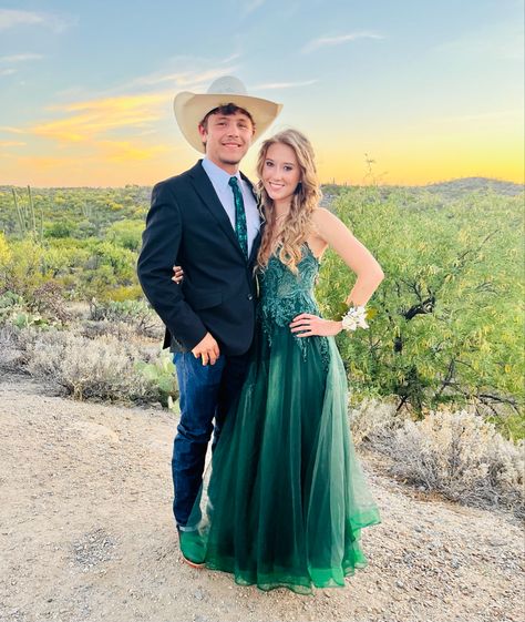 Prom Dresses To Wear With Cowboy Boots, Grad Dress With Cowboy Boots, Cowboy Boots With Prom Dress, Country Formal Dresses, Country Formal Dress, Prom Dress With Cowgirl Boots, Prom Dresses With Boots, Prom Couples Green, Formal Dresses With Boots