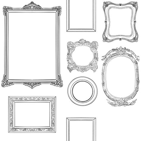 Gallery Frames - 25” wide by 96” high / Peel and Stick Old Frame Drawing, Antique Frame Drawing, Photo Frame Tattoo, Vintage Frame Drawing, Frame Tattoo Design Square, Fancy Picture Frames, Photo Frame Drawing, Vintage Frame Tattoo, Picture Frame Tattoo